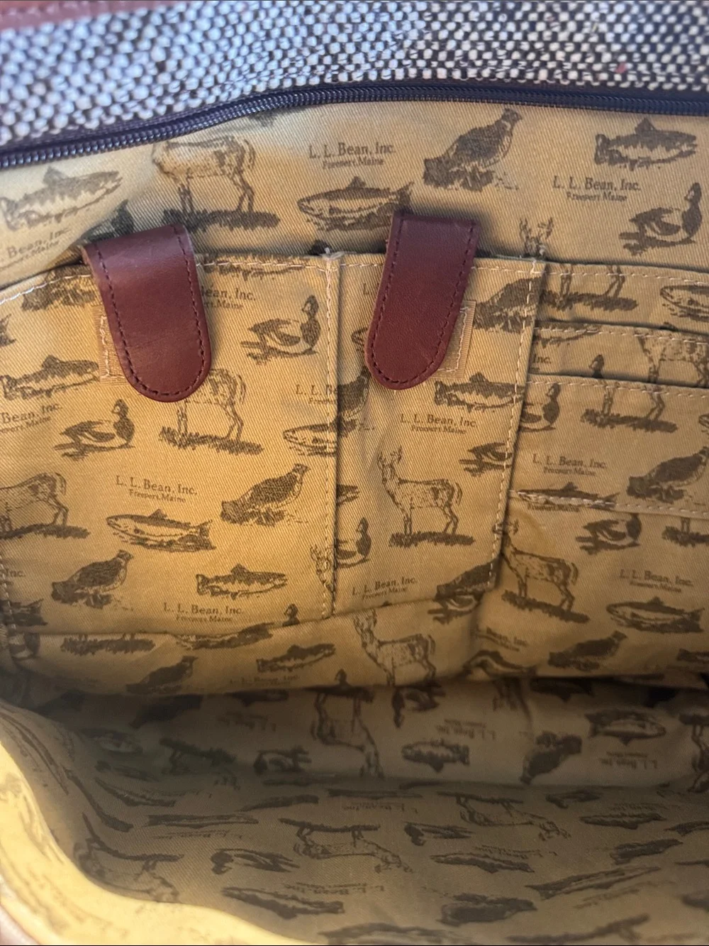 Vintage L.L. Bean Tan Tweed Tote with Brown Leather Trim and Handles